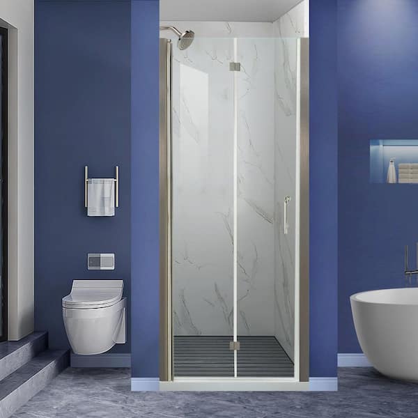 Lonni 30-31.9 in. W x 72 in. H Frameless Bifold Shower Doors with 1/4 in. Thick Clear Glass in a Brushed Nickel Finish.