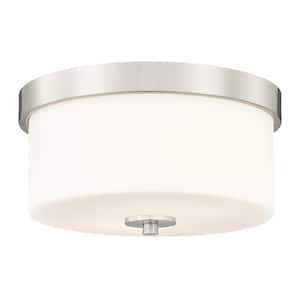 11 in. 2-Light Brushed Nickel Flush Mount Ceiling Light Fixture with Milk Glass Shades for Hallway