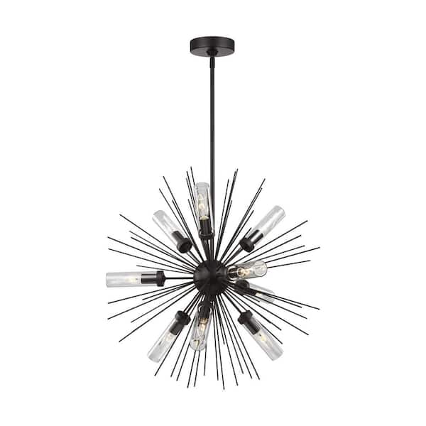 Generation Lighting Hilo 9-Light Oil Rubbed Bronze Medium Modern Sputnik Outdoor Hanging Chandelier with Clear Glass Tube Shades