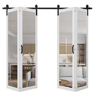 80 in. x 84 in. 1-Lite Mirrored Glass White Finished Composite Bi-Fold Sliding Barn Door with Hardware Kit