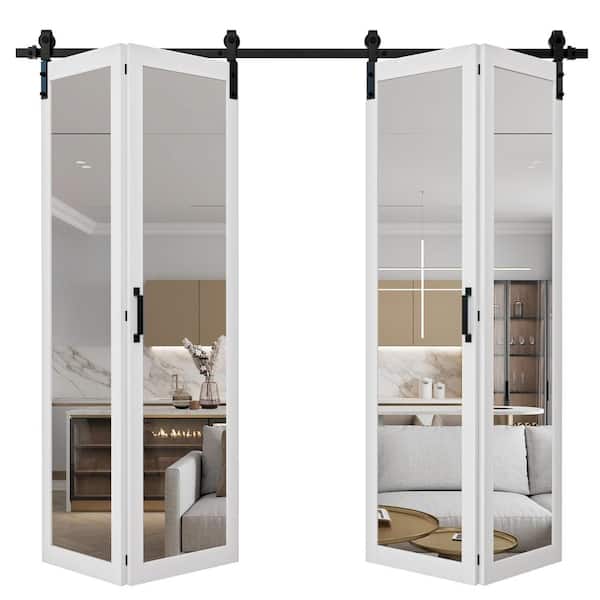 EH PUERTA 80 in. x 84 in. 1-Lite Mirrored Glass White Finished Composite Bi-Fold Sliding Barn Door with Hardware Kit