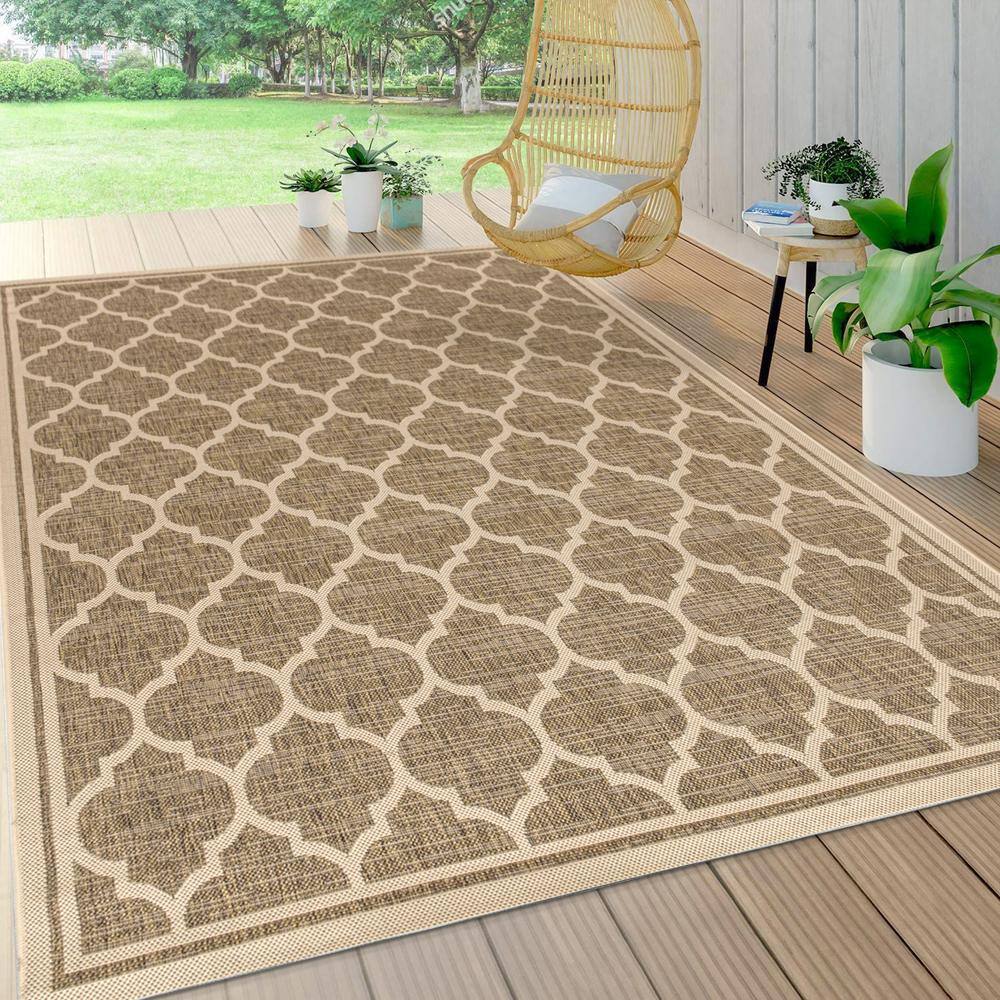 Trebol Moroccan Trellis Brown Beige 9' x 12' Indoor Outdoor Area Rug