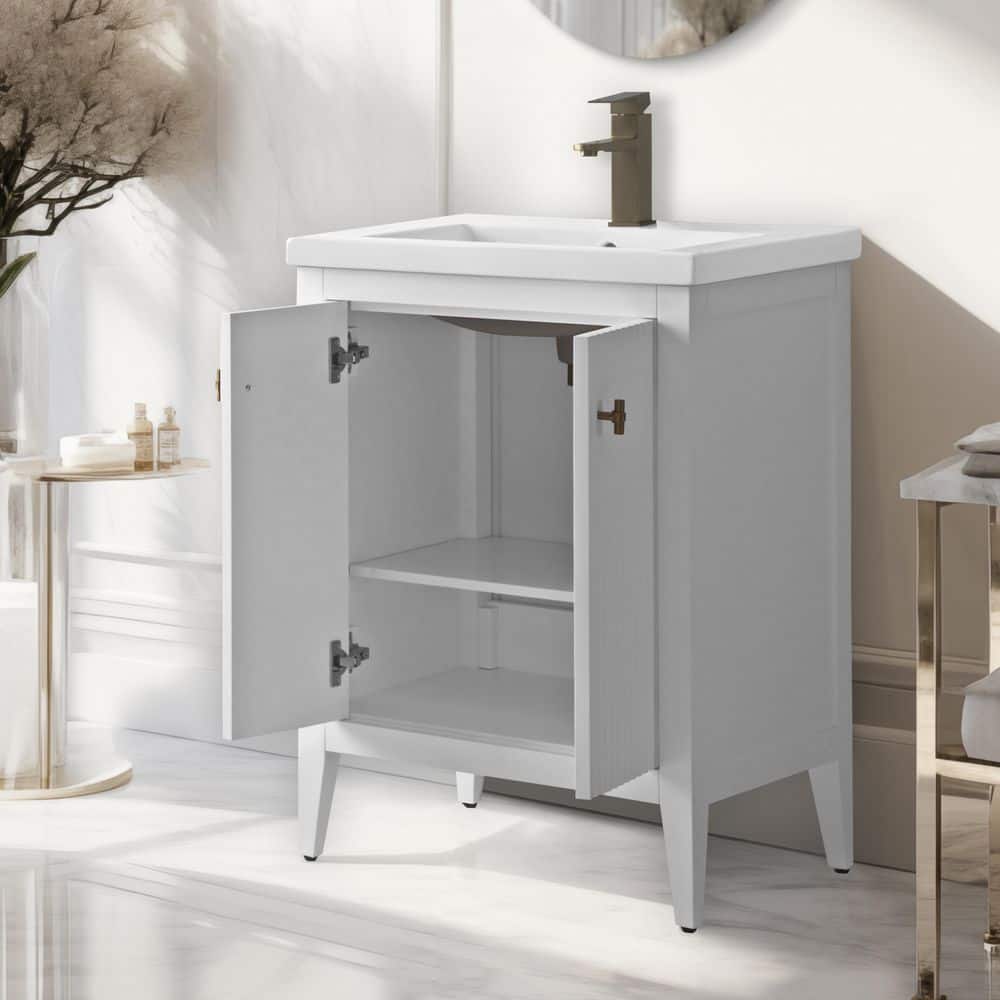 White and Gold Freestanding Single Bathroom Vanity with Ceramic Top