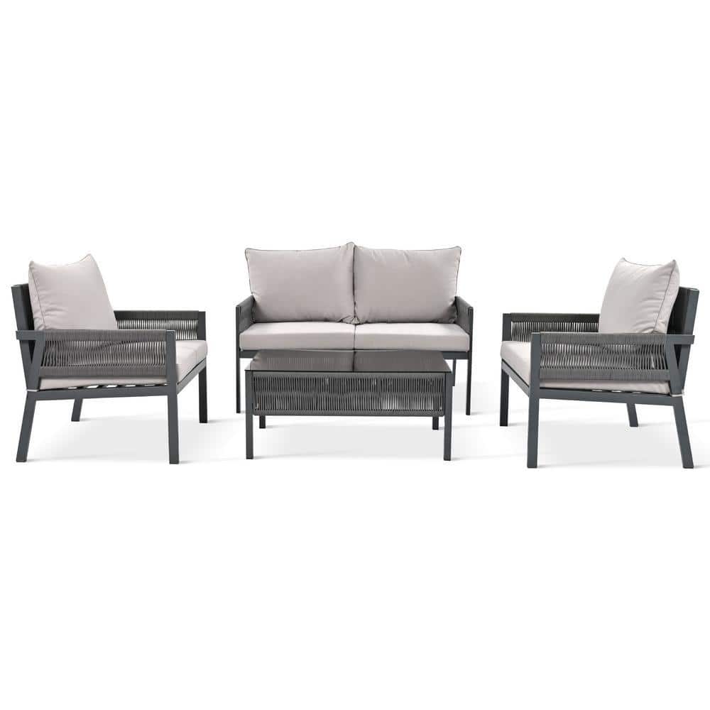 4-Piece Metal Patio Conversation Set with Grey Cushion for Backyard ...