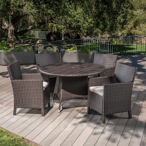 Cypress Multi-Brown 5-Piece Faux Rattan Outdoor Dining Set with Light Brown Cushions