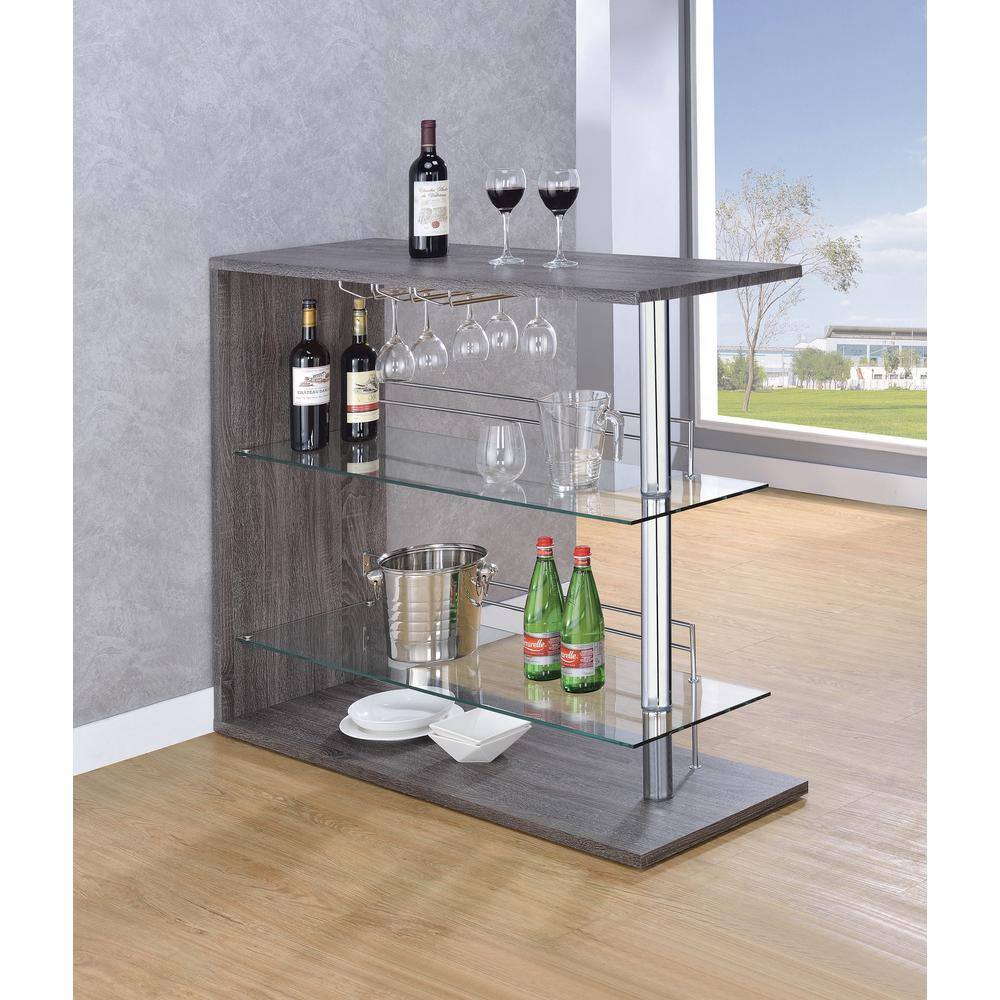 Weathered Gray and Chrome Rectangular Bar Unit with Glass Shelves
