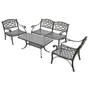 Sedona 4-Piece Cast Aluminum Outdoor Conversation Seating Set - Loveseat, 2 Club Chairs and Cocktail Table in Black