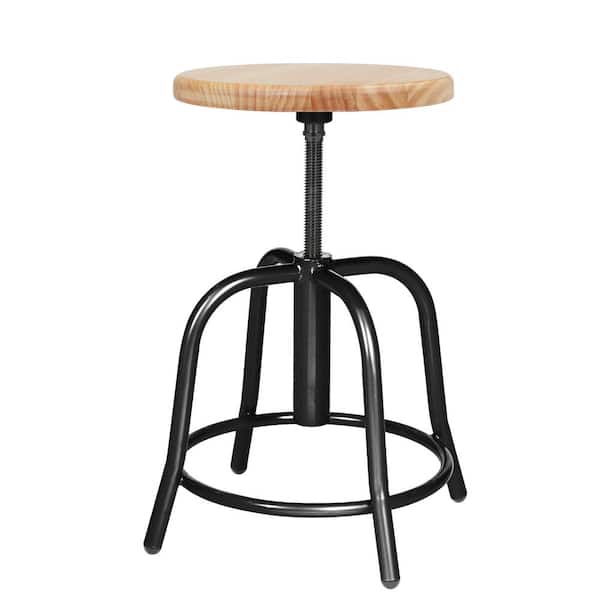 Vince Collection 18-25 in. Adjustable Height, Black Metal Frame, Wood Seat