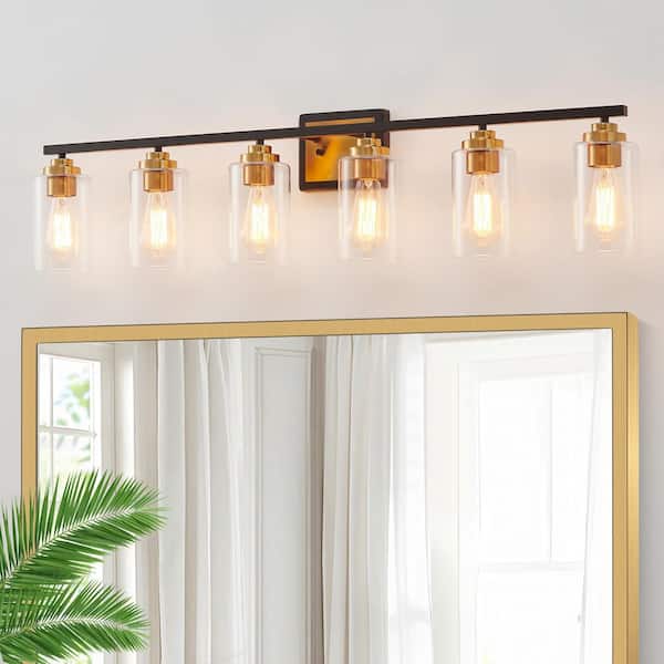 KAWOTI 43.2 in. 6-Light Black and Brass Vanity Light with Clear Glass Shades