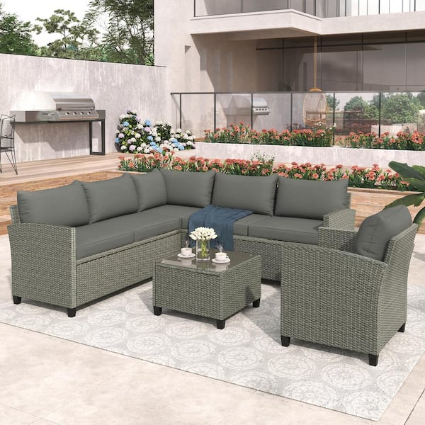 Harper & Bright Designs Elegant Gray Wicker Outdoor Sectional Set with Gray Cushions (5-Piece)