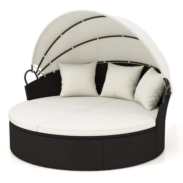 Black Rattan Wicker Outdoor Patio Round Day Bed with Retractable Canopy and White Cushions