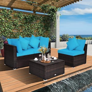 4-Piece Wicker Outdoor Sectional Set with Turquoise Cushions