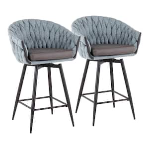 Braided Matisse 26 in. Blue Fabric and Grey Faux Leather with Black Metal Frame Counter Height Bar Stool (Set of 2)