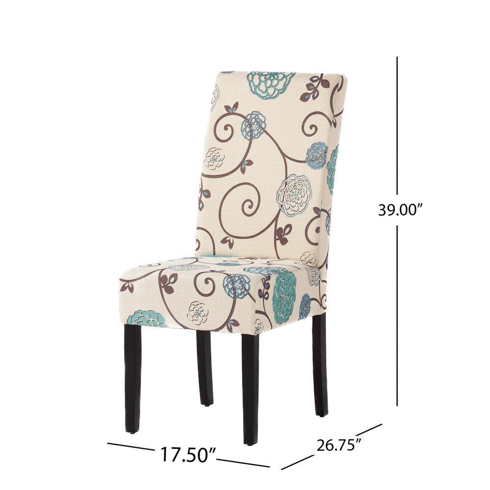 Light Beige and Blue Floral Upholstered Parsons Dining Chairs, Set of 4
