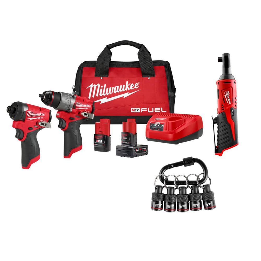Milwaukee M12 FUEL 12V Cordless Hammer Drill/Impact Kit + with M12 3/8 in. Ratchet with 5-Pc Carabiner Hex Holder Combo Kit 3497-22-2457-20-48-32-4537