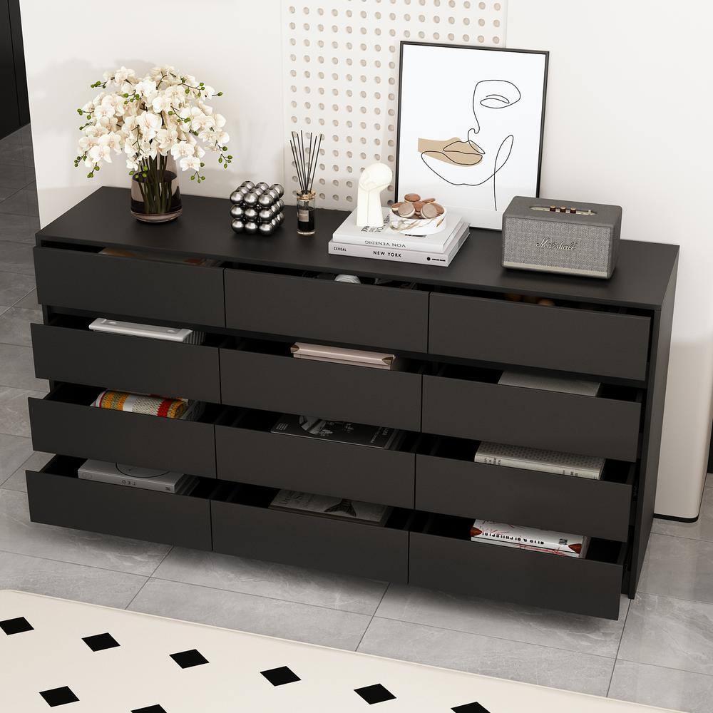 Black 12 Drawers 63 in. W x 32 in. H Wooden Dresser without Mirror, Chest of Drawer, Storage Cabinet for Bedroom Storage - thumbnail 3