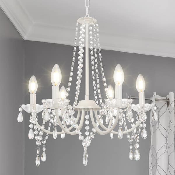 6-Light White Rustic Candle Style French Country Crystal Chandelier for Kitchen Island Foyer Dining Room