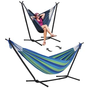 10.7 ft. 2-Person Brazilian-Style hammock with 2-in-1 Convertible Stand in Blue Stripe