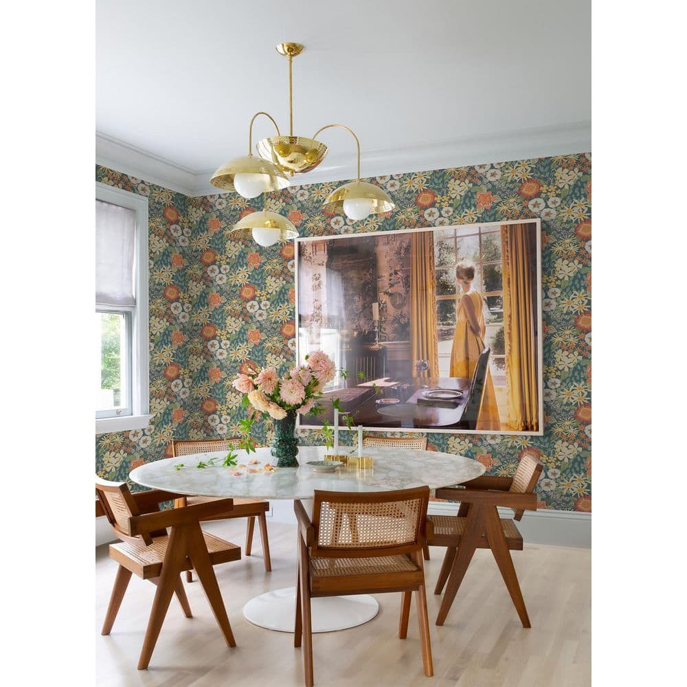Teal Wildflower Garden Vinyl-Coated Wallpaper Roll