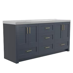 72 in. W Double Sinks Bath Vanity Cabinet Freestanding Solid Wood in Navy Blue with White Solid Surface Top and Basin