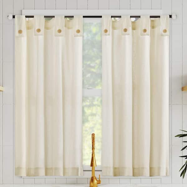 Sun Zero Boulder Button Tab Kitchen Tiers Cream Cotton Blend 54 in. W x 36 in. L Tab Top Light Filtering Curtain (Set of 2)
