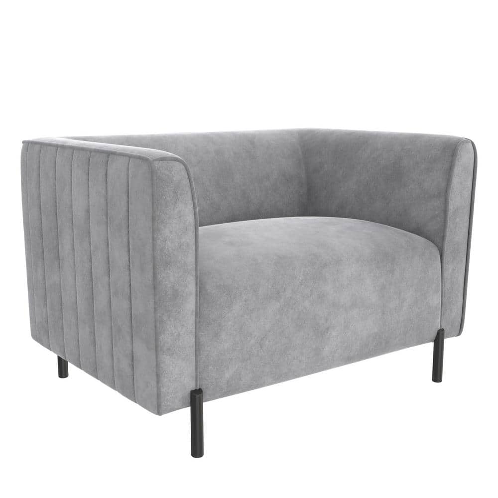 Light Gray Velvet Ribbed Accent Chair with Black Metal Legs