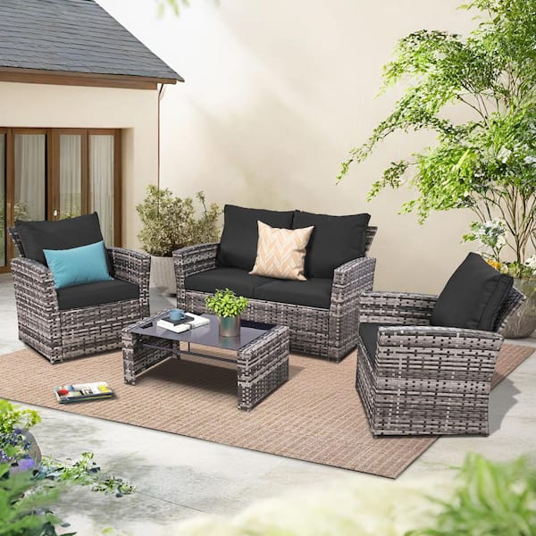 MIRAFIT 4-Piece Wicker Bistro Patio Conversation Set with Table and Gray Cushions