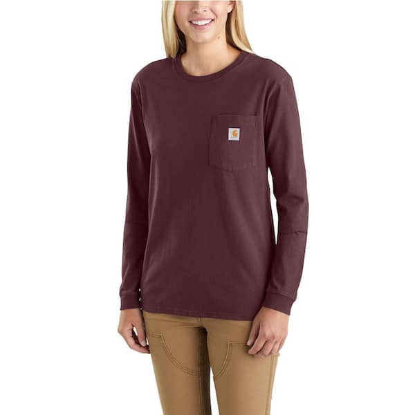 Carhartt Women's X-Small Deep Wine Cotton Workwear Pocket Long Sleeve T-Shirt