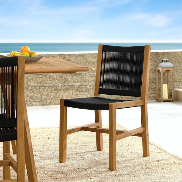 Vienna Outdoor Patio Teak and Rope Armless Dining Chair (Set of 2) in Natural, Black-Woven Rope Side Chairs