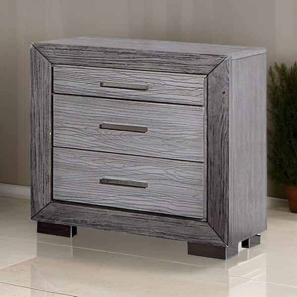 Folu 26 Inch Nightstand, USB Port, 3 Drawers with Chrome Knobs, Gray Finish By Casagear Home