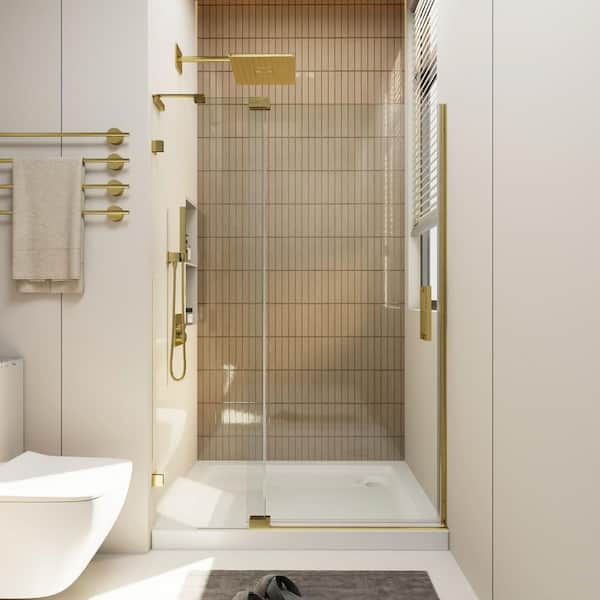 44-48 in. W x 70 in. H Frameless Pivot Shower Door in Brushed Gold with 5/16 in. Clear Glass