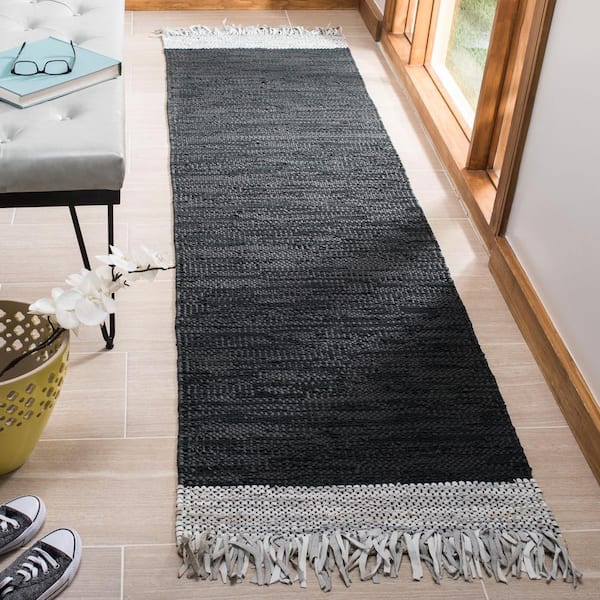 Vintage Leather Light Gray/Black 2 ft. x 6 ft. Solid Runner Rug