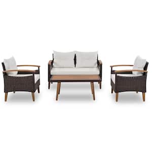 Anky Black/Brown 4-Piece Wicker Patio Conversation Set with Beige Cushions