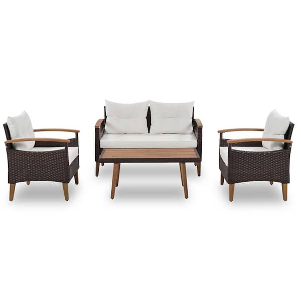 Miscool Anky Black/Brown 4-Piece Wicker Patio Conversation Set with Beige Cushions