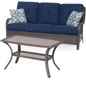 Orleans Grey 2-Piece All-Weather Wicker Patio Conversation Set with Navy Blue Cushions