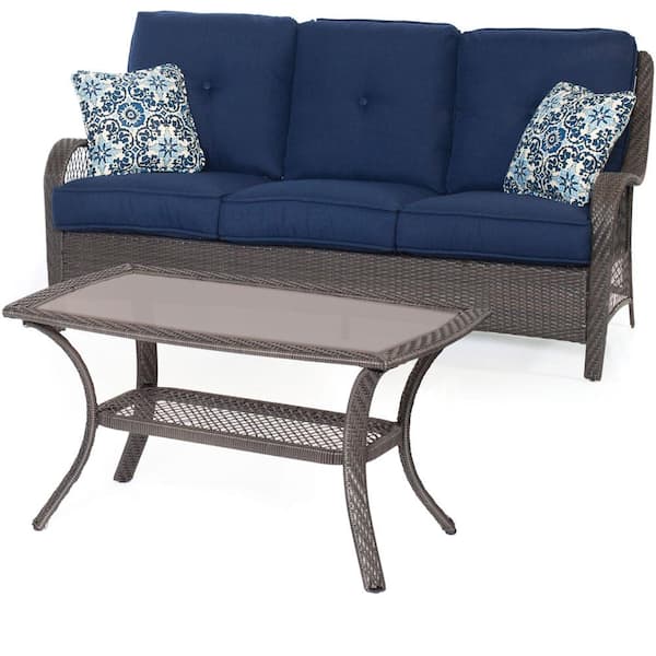 Hanover Orleans Grey 2-Piece All-Weather Wicker Patio Conversation Set with Navy Blue Cushions