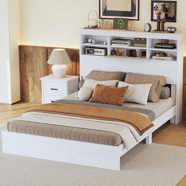 Harper & Bright Designs Vintage White Wood Frame Queen Size Platform Bed with Storage Headboard, USB Charging Station