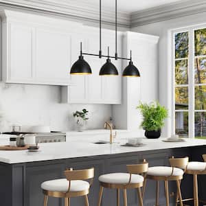 Industrial Kitchen Island Chandelier 33.3 in. Farmhouse Matte Black and Gold Linear Chandelier with Metal Shades