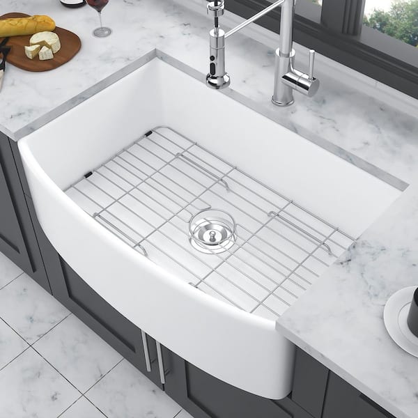 33 in. Farmhouse Single Bowl White Ceramic Kitchen Sink with Bottom Grids