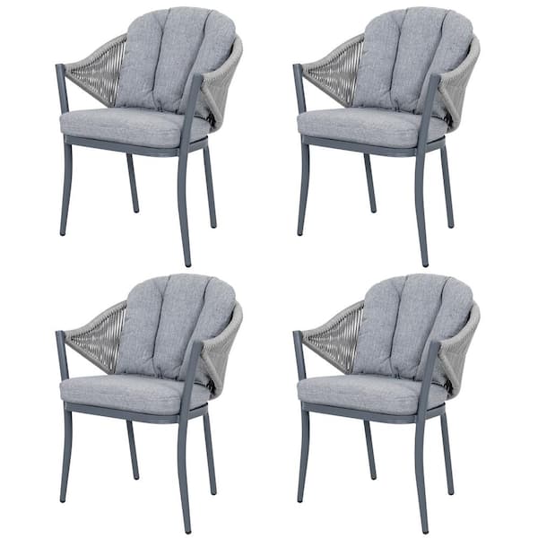 Outdoor Aluminum Dining Chair Set Rope Weaver Patio Furniture with Removable Gray Cushions (4-Pack)