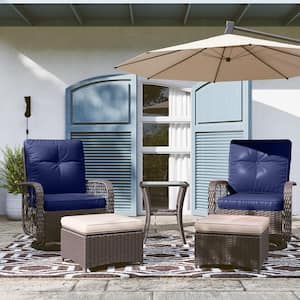 5-Piece Wicker Outdoor Patio Conversation Set with Swivel Rocking Chair, Ottomans and Blue Cushions, Recliner