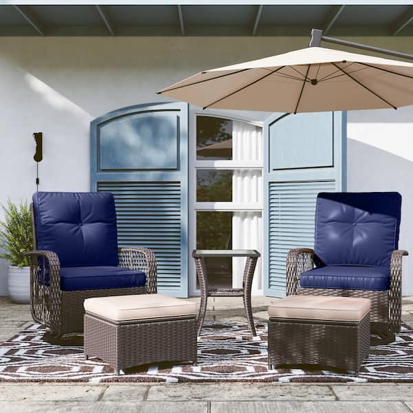 SUNMTHINK 5-Piece Wicker Outdoor Patio Conversation Set with Swivel Rocking Chair, Ottomans and Blue Cushions, Recliner