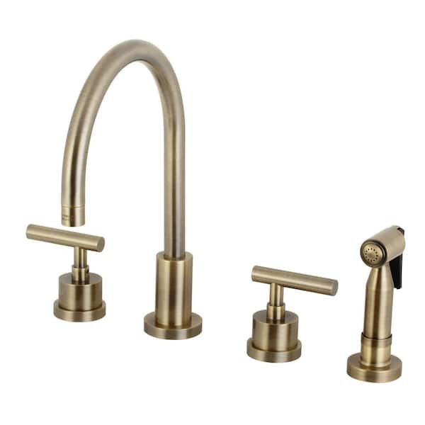 Manhattan Two Handle 8 in. Widespread Standard Kitchen Faucet and Brass Sprayer in Antique Brass