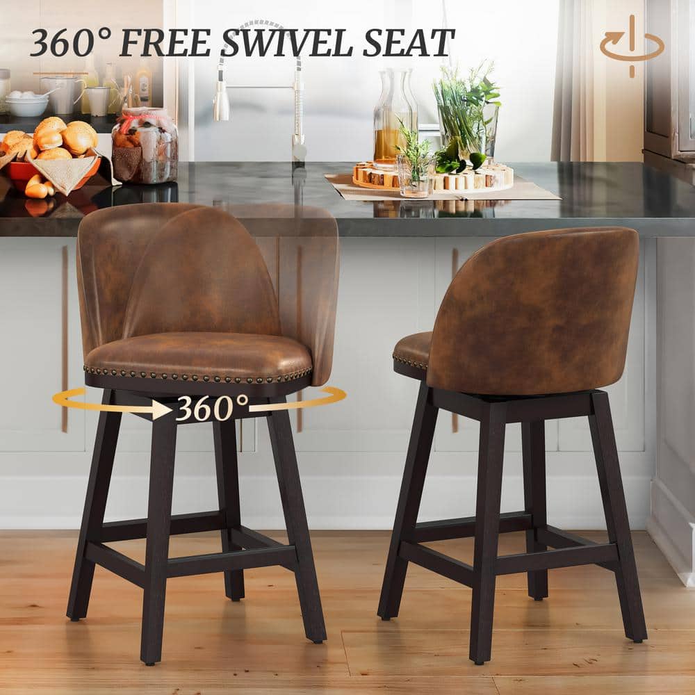 Whiskey Brown Faux Leather Swivel Counter Stools with Wood Legs, Set of 4