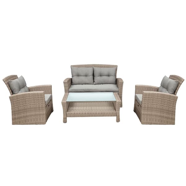 SUNRINX 4-Piece Wicker Patio Conversation Set with Gray Cushions