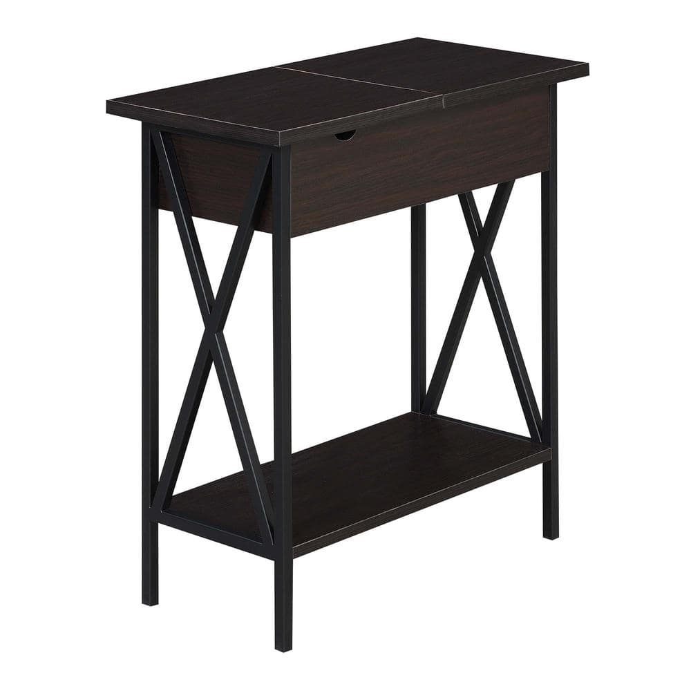 Espresso and Black Wood Metal Square End Table with Charging Station