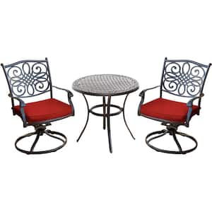 Traditions 3-Piece Outdoor Aluminum Swivel Rocker Bistro Set with Red Cushions