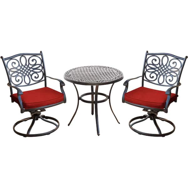 Hanover Traditions 3-Piece Outdoor Aluminum Swivel Rocker Bistro Set with Red Cushions