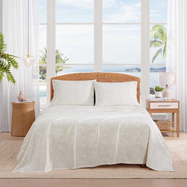Legacy Fronds 4-Piece White/Lt Beige Percale Cotton King Sheet Set