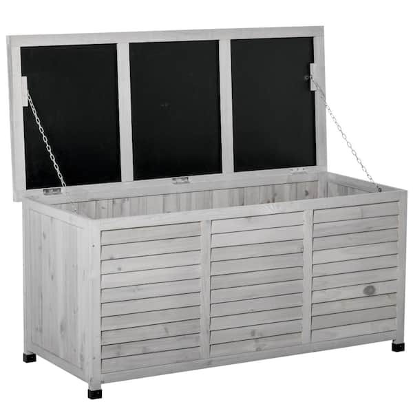 75 Gallon Solid Wood Deck Box with Weather Resistant Finish and Slatted Bottom in Grey